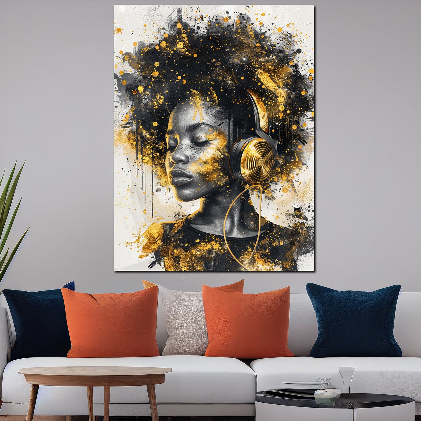 Wandbild afrikanische Frau mit Kopfhörern Gold modern