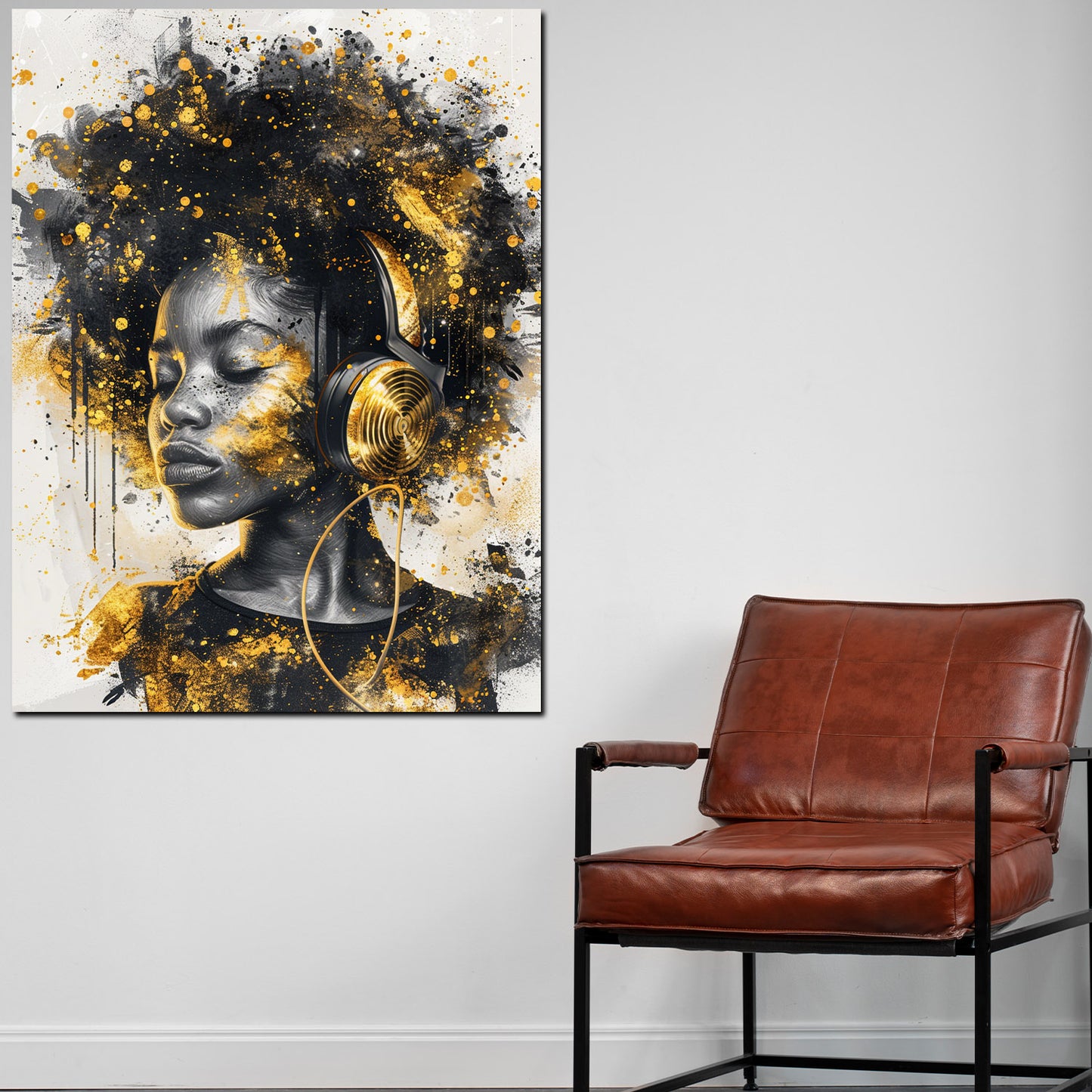 Wandbild afrikanische Frau mit Kopfhörern Gold modern