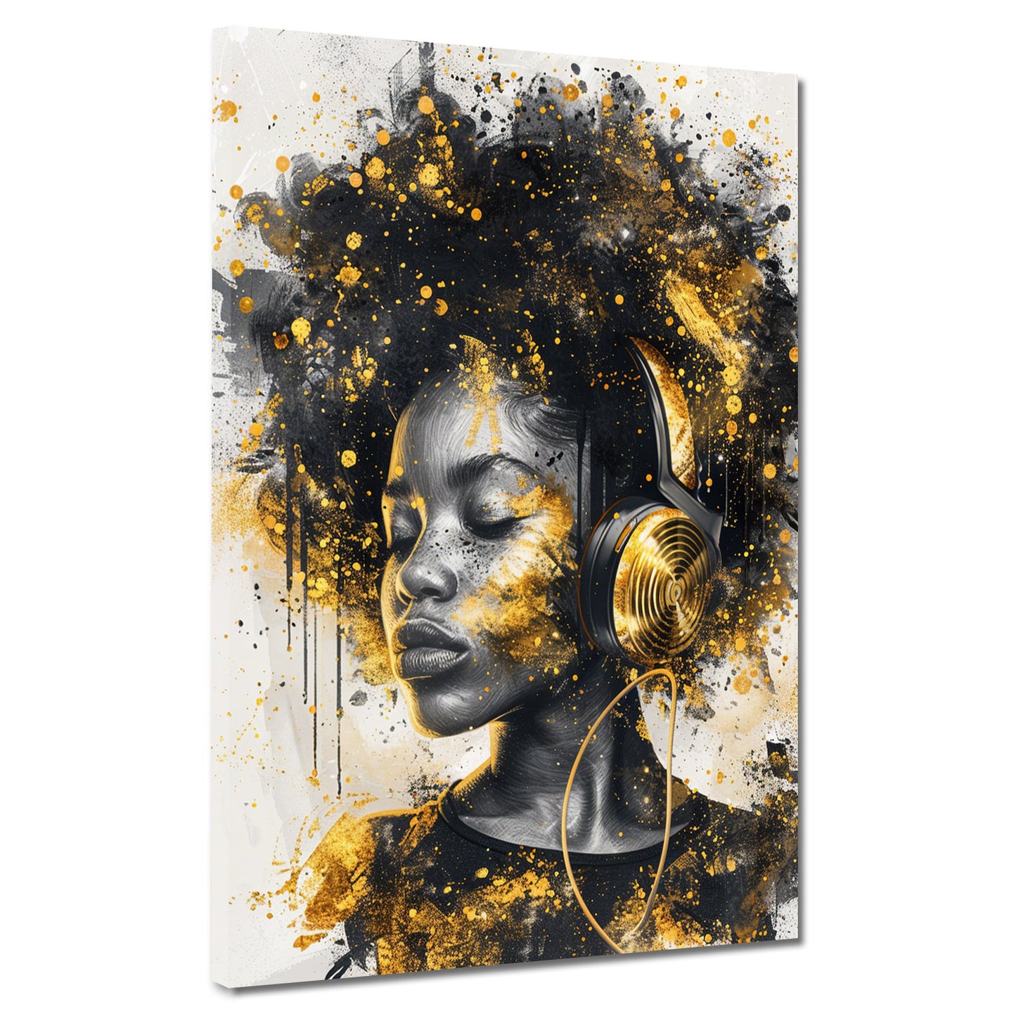 Wandbild afrikanische Frau mit Kopfhörern Gold modern