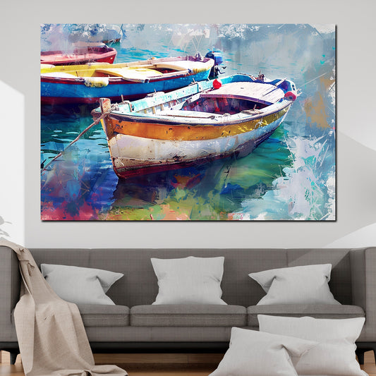 Wandbild bunte Boote auf Wasser abstrakt