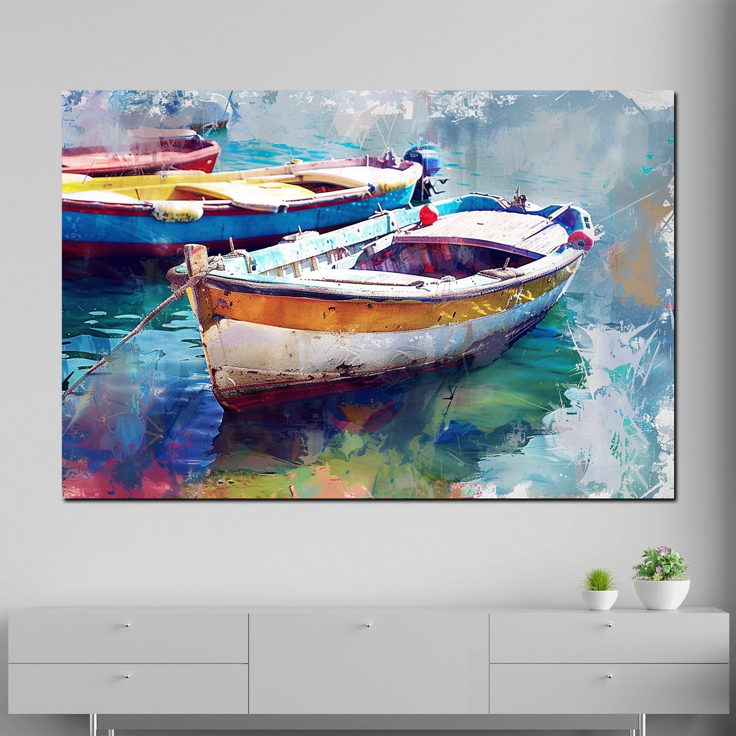 Wandbild bunte Boote auf Wasser abstrakt