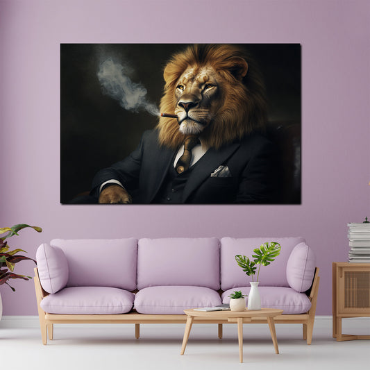 Wandbild edler Löwe im Anzug mit Zigarre Macht Erfolg Motivation