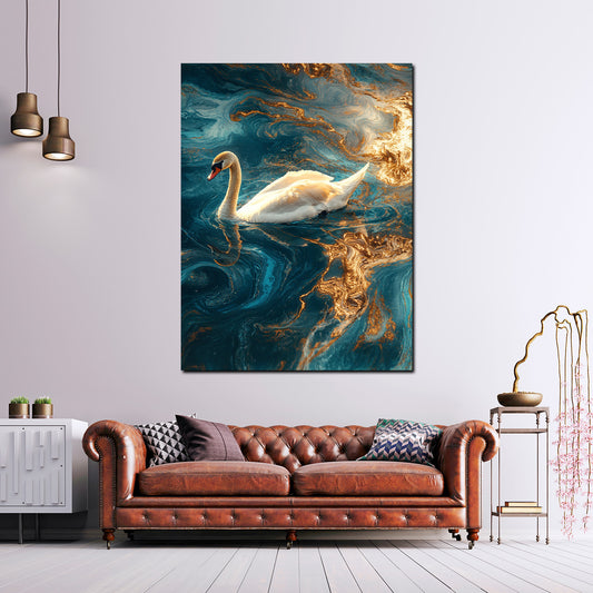 Wandbild edler Schwan auf goldblauem Wasser modern