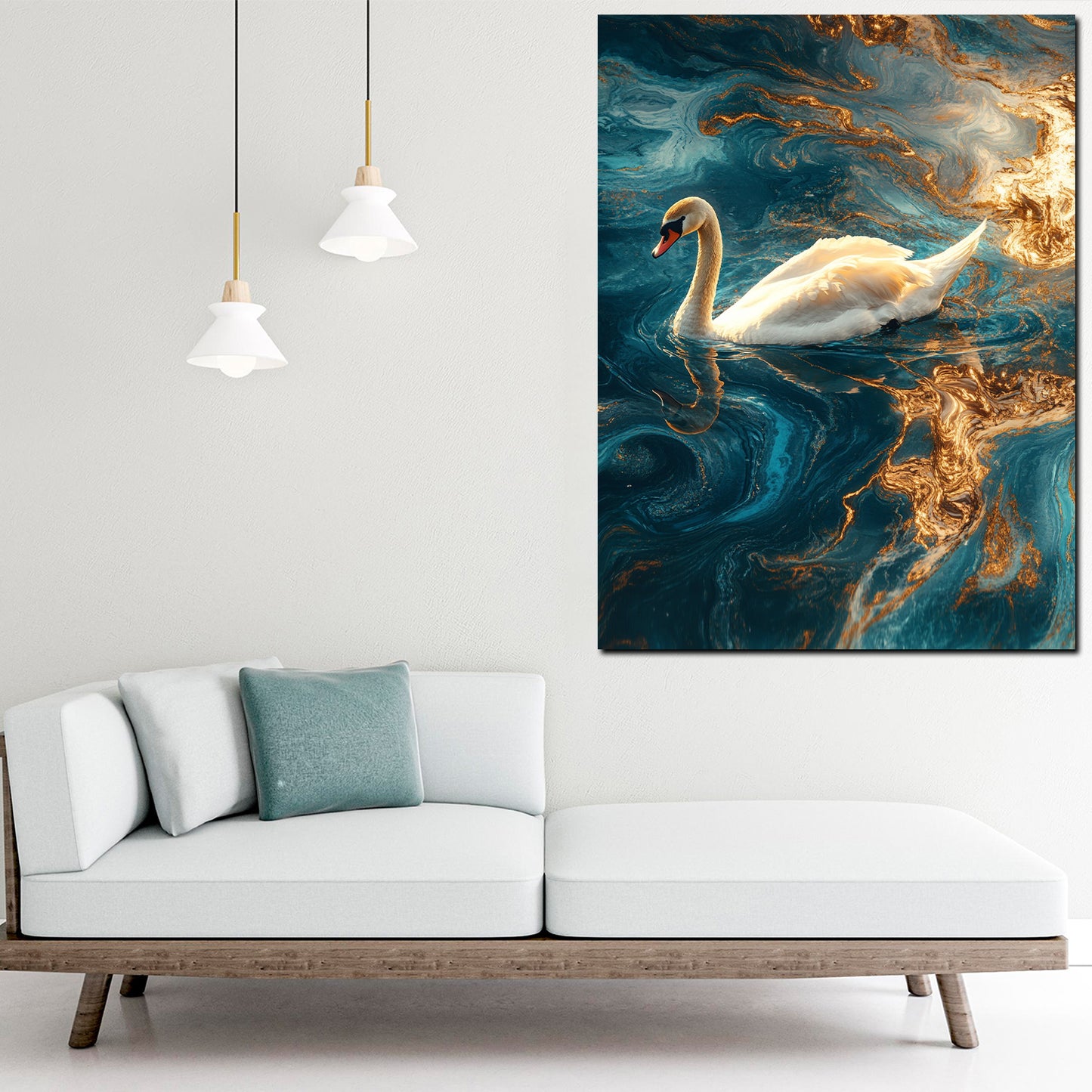 Wandbild edler Schwan auf goldblauem Wasser modern