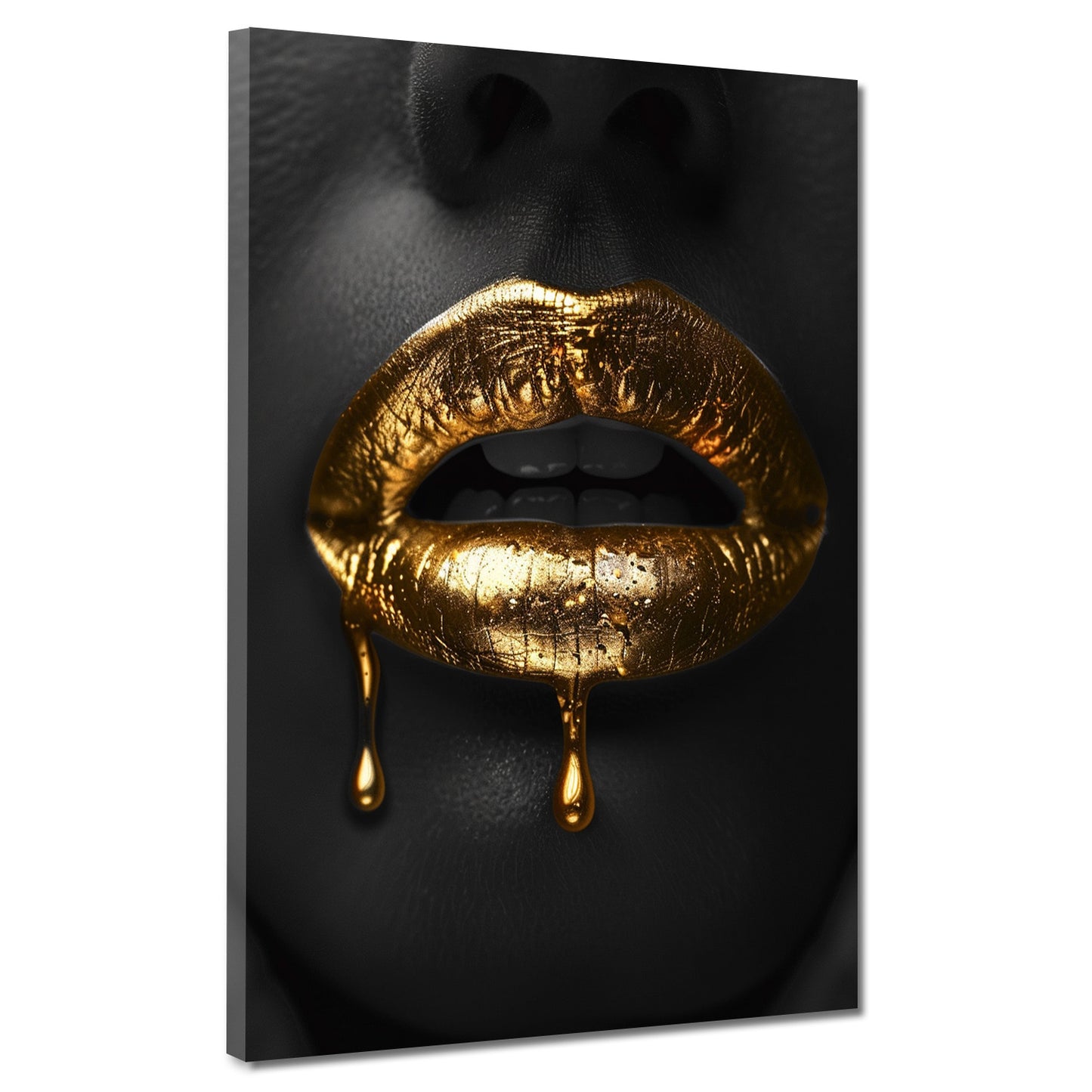 Wandbild goldene Lippen auf schwarzem Hintergrund