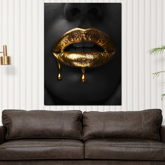 Wandbild goldene Lippen auf schwarzem Hintergrund