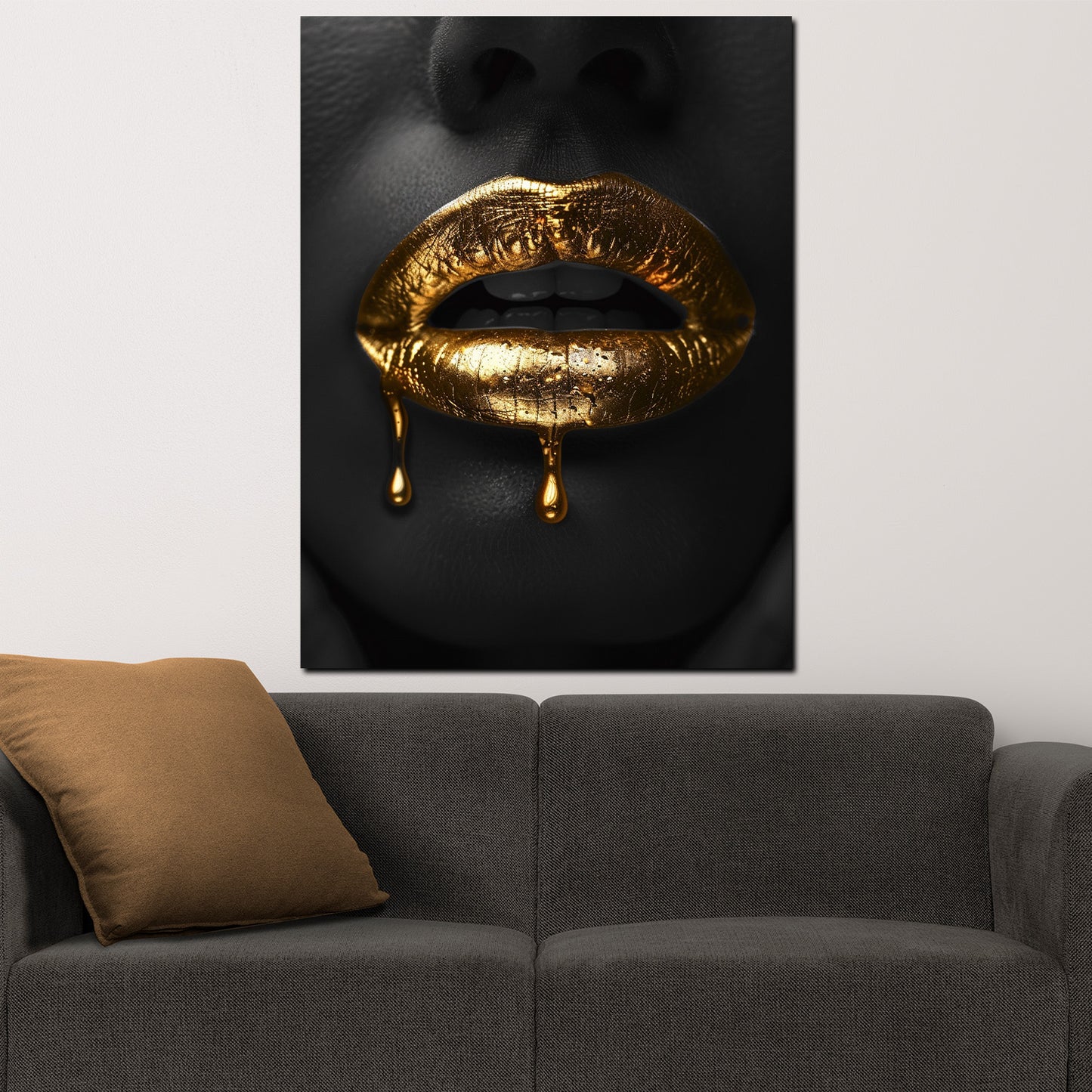 Wandbild goldene Lippen auf schwarzem Hintergrund