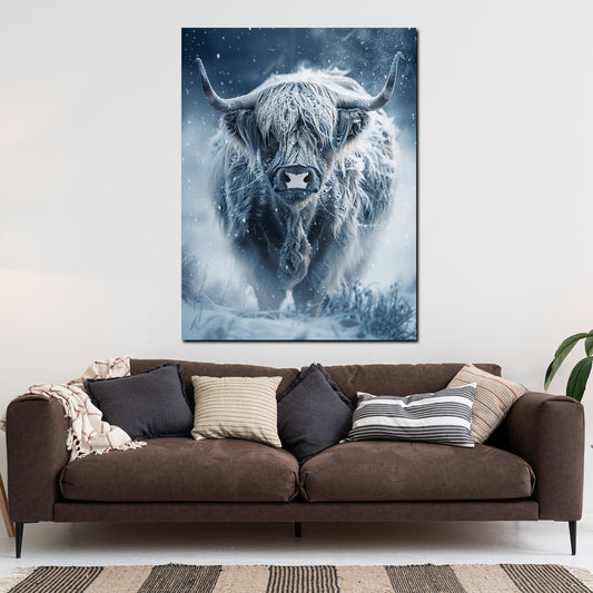 Wandbild Schottisches Hochlandrind Kuh im Schnee Natur Wildnis modern