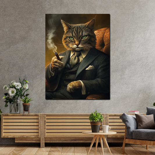 Wandbild mächtige Katze in edlem Anzug Stil Autorität Luxus modern