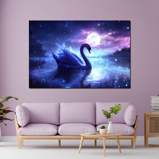 Wandbild magischer Schwan bei Vollmond Märchen Himmel Wasser modern