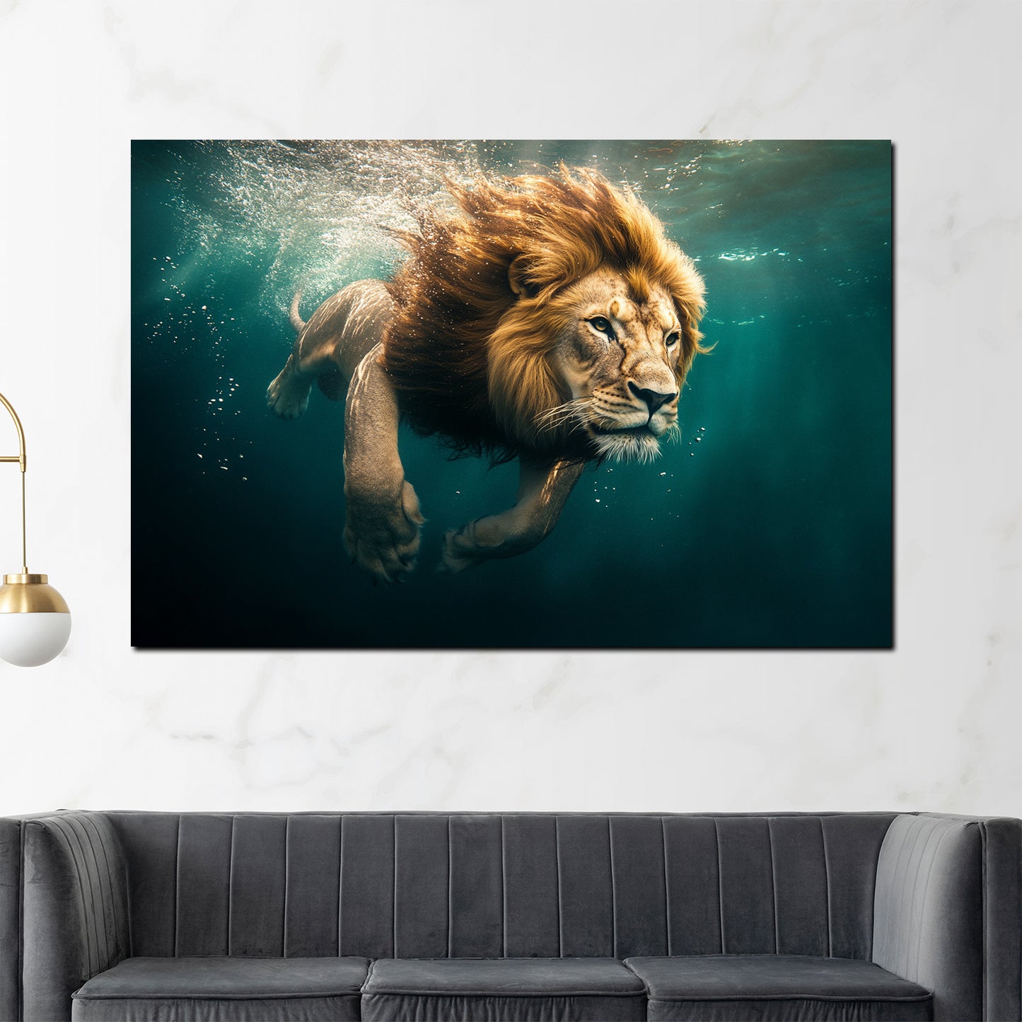 Wandbild majestätischer Löwe beim Tauchen Wildheit Kraft Natur modern