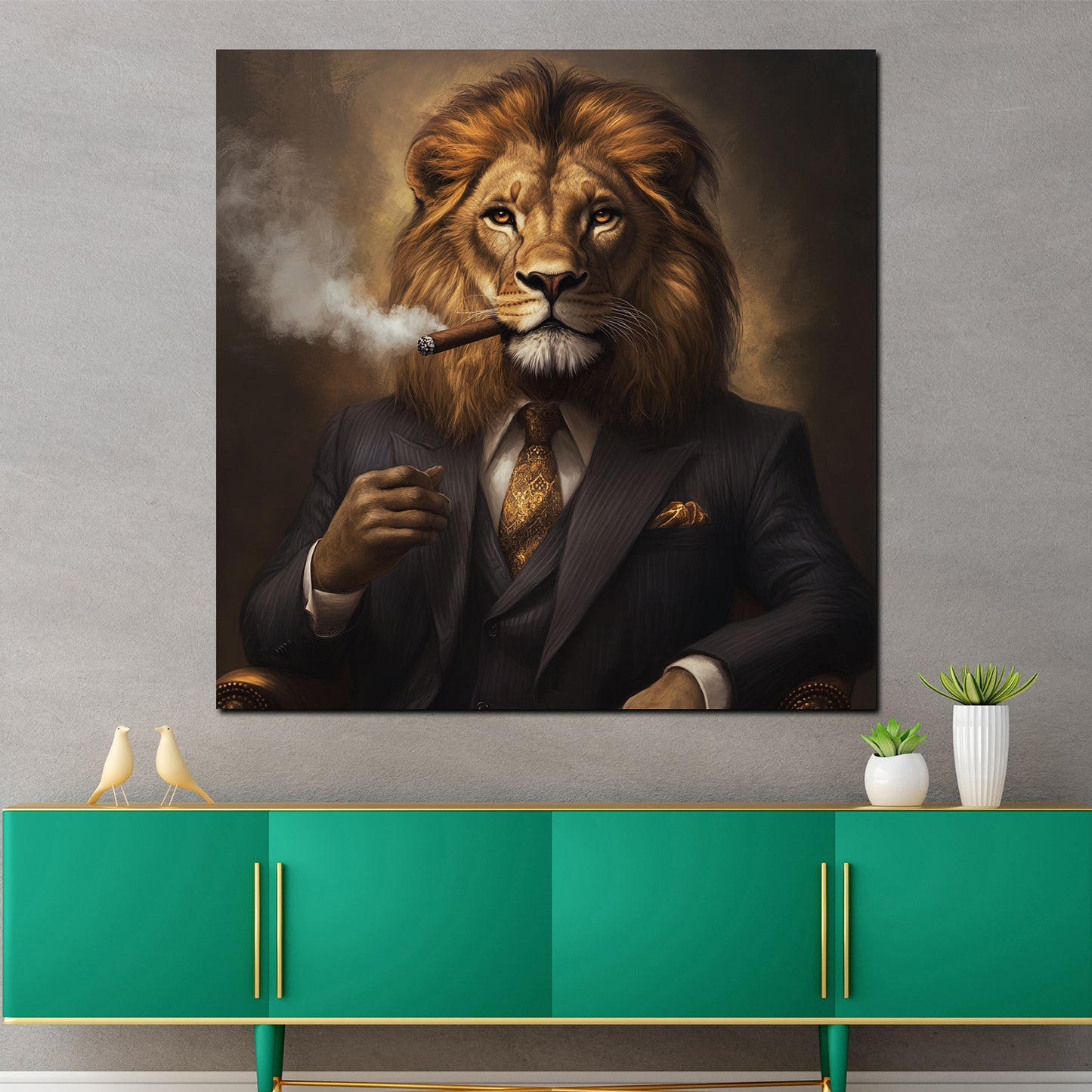 Wandbild majestätischer Löwe im Anzug mit Zigarre Erfolg Motivation