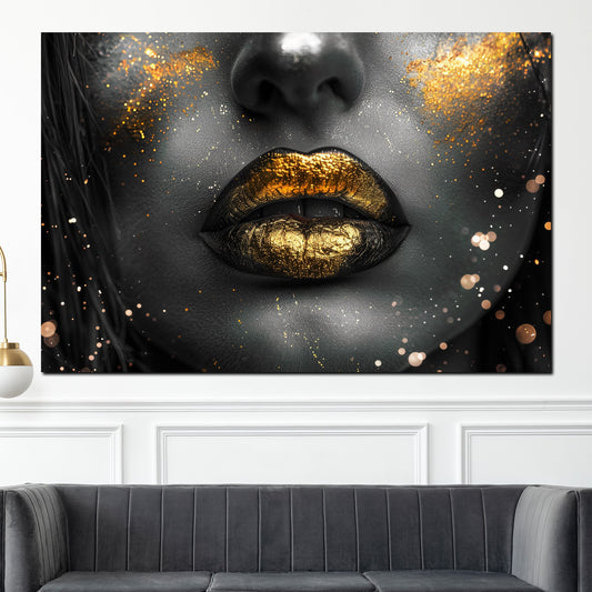 Wandbild schöne Lippen goldene Akzente auf schwarz