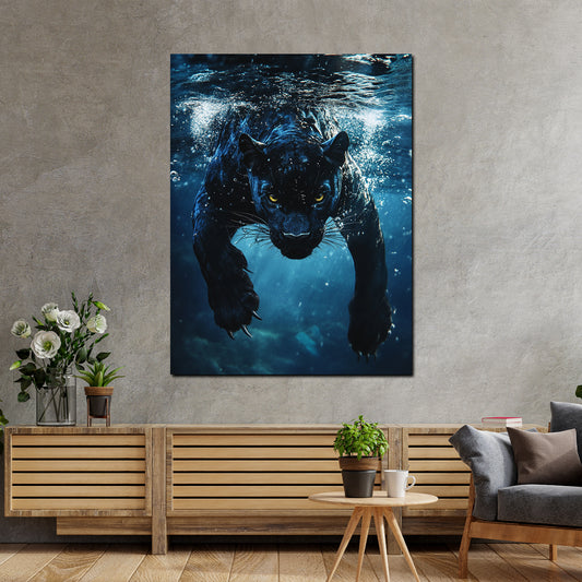 Wandbild schwarzer Panther im Wasser Dynamik Kraft Tiermotiv