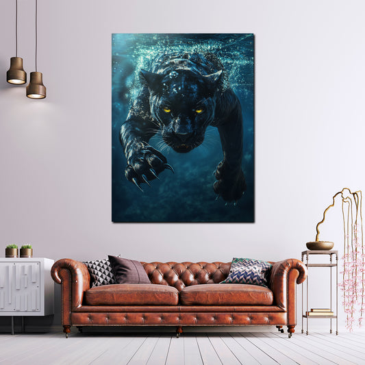 Wandbild schwarzer Panther im Wasser Wildnis Kraft