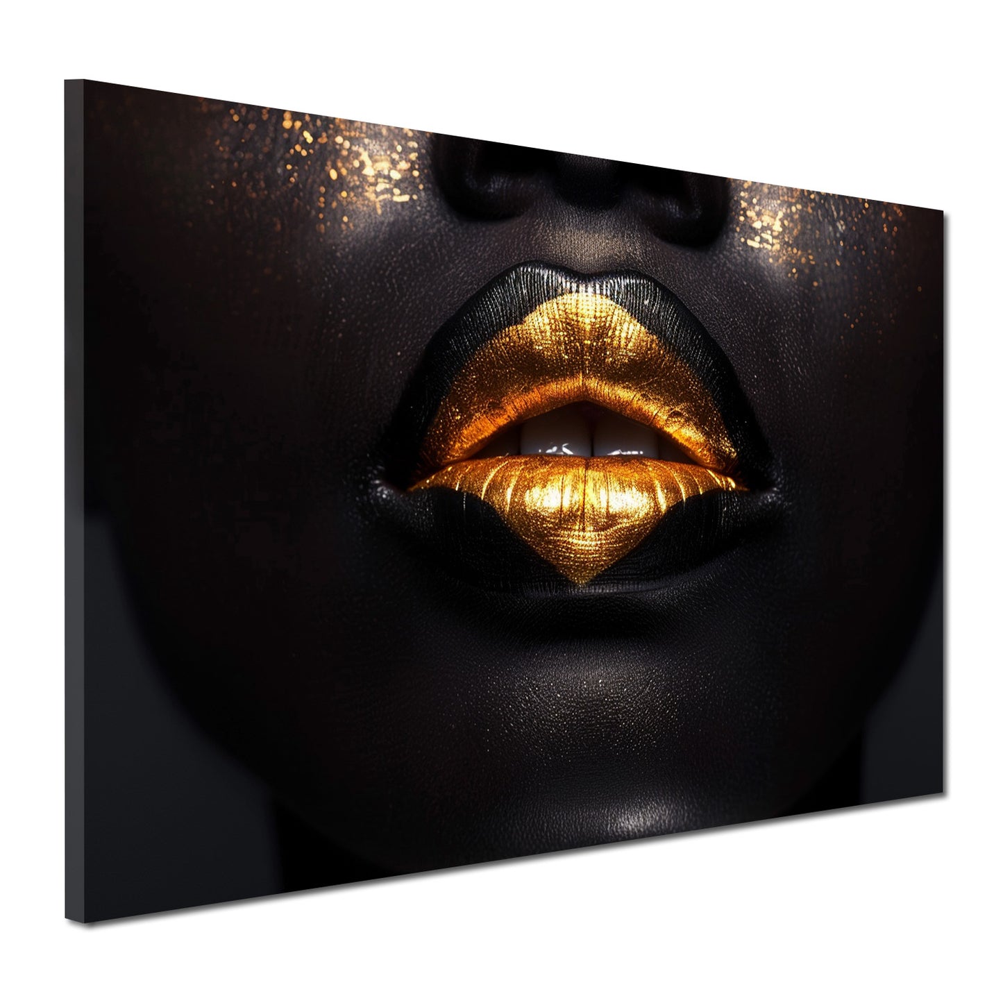 Wandbild sinnliche goldene Lippen auf schwarzer Haut