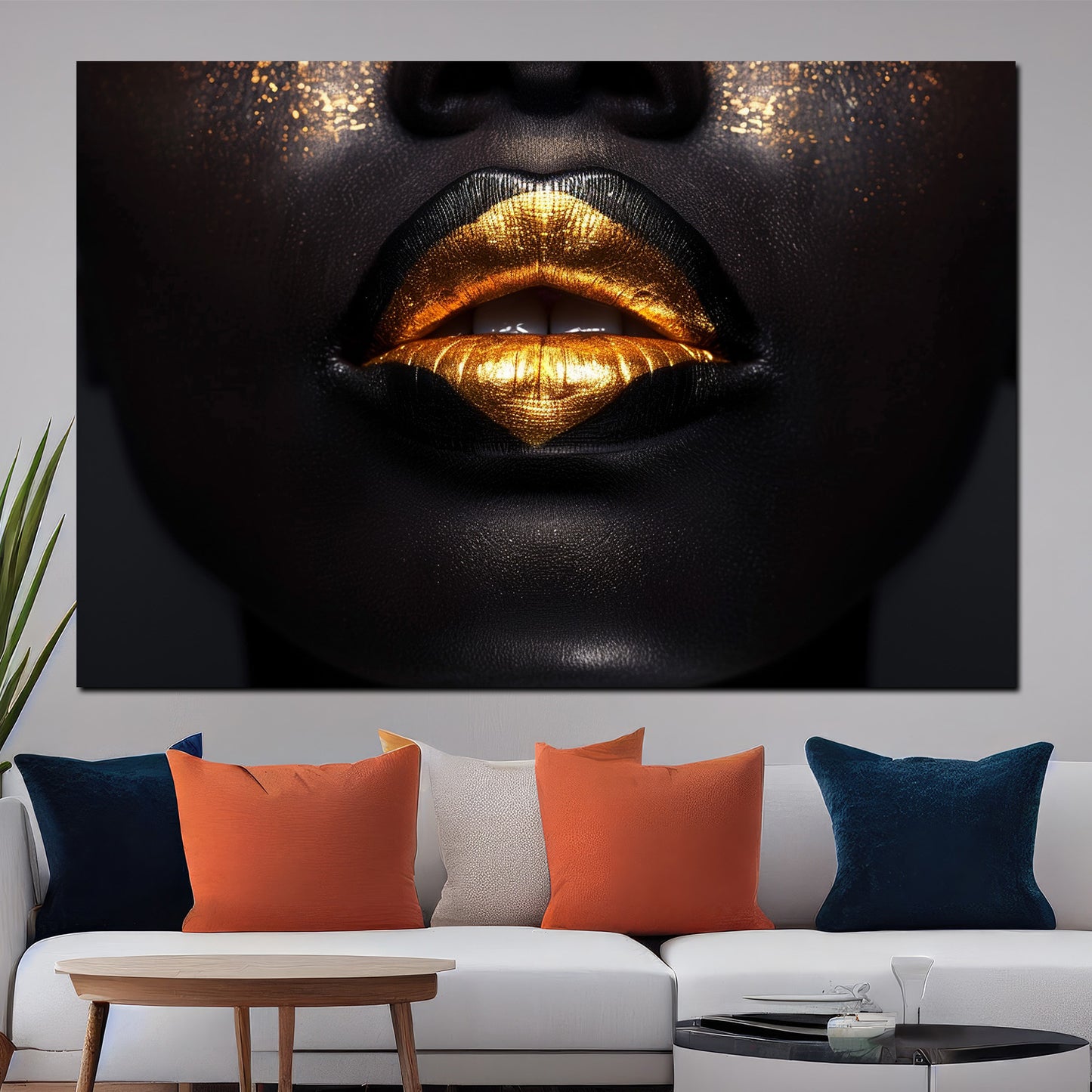 Wandbild sinnliche goldene Lippen auf schwarzer Haut