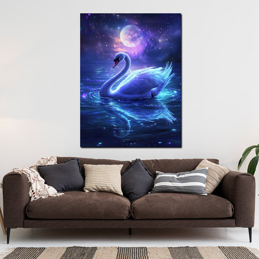 Wandbild verträumter Schwan im Mondlicht Magie Wasser Sterne modern