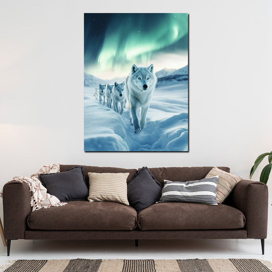 Wandbild weiße Wölfe im Schnee Nordlicht Natur Freiheit modern