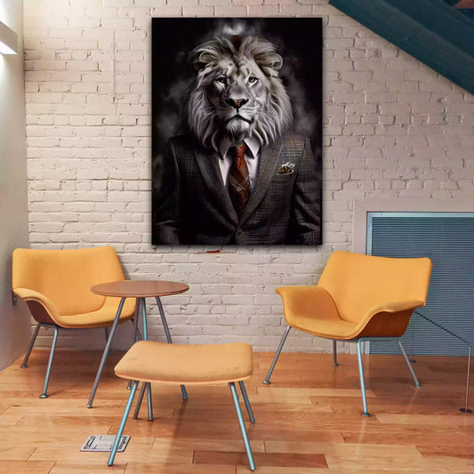 Wandbild weißer Löwe im Anzug mit stilvoller Eleganz und Stärke