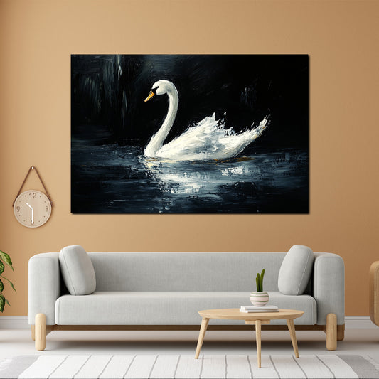 Wandbild weißer Schwan auf dunklem Wasser Eleganz Natur Kunst modern