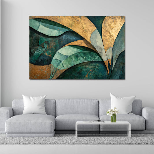 Abstrakt Blattstruktur Grün Gold Reliefoptik Wandbild