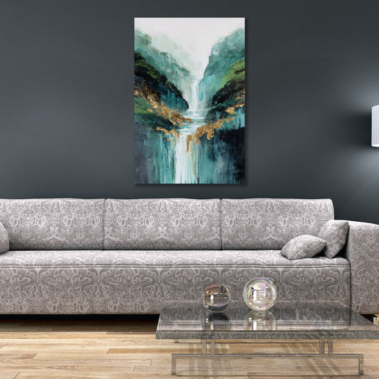 Abstrakt Wasserfall Fluss Berge türkis goldene Akzente Wandbild