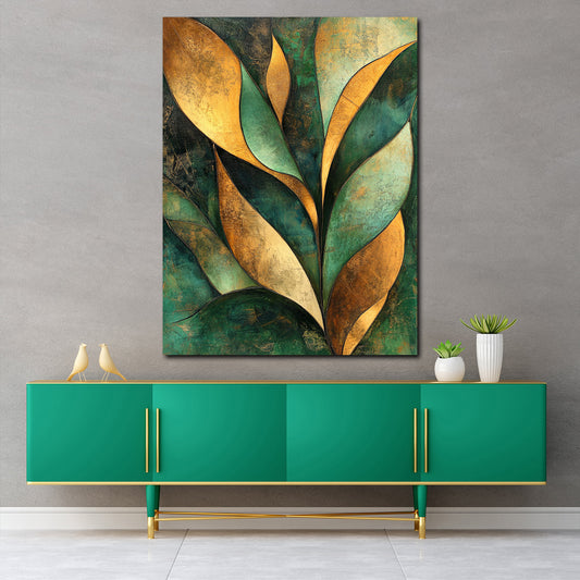 Abstrakt Blattformen Gold Grün Natur Wandbild