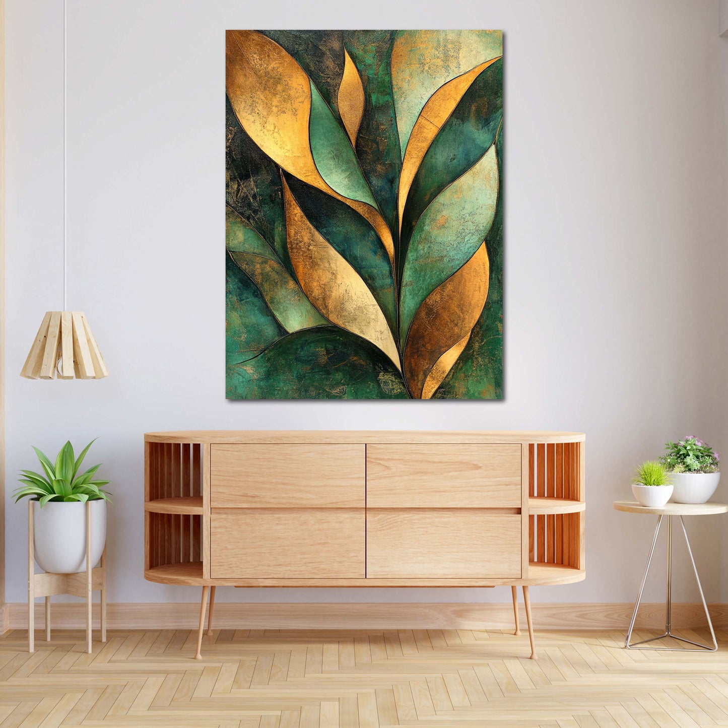 Abstrakt Blattformen Gold Grün Natur Wandbild
