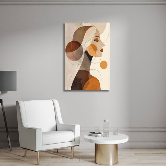 Abstrakt Frau Seitenansicht Orange Braun Linienkunst Wandbild