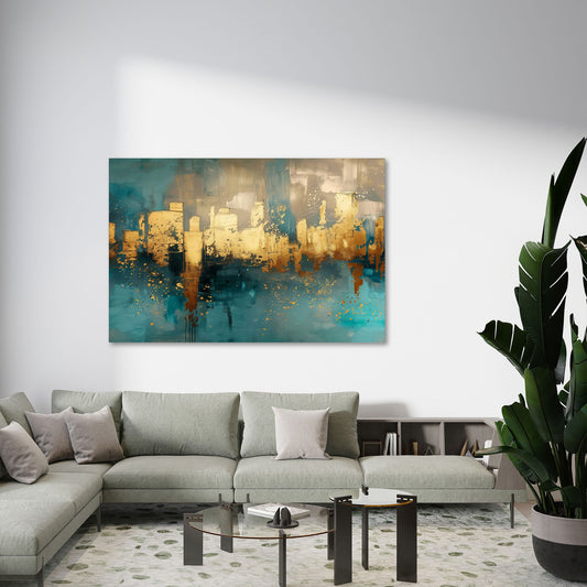 Abstrakte Skyline in Gold und Türkis als Wandbild