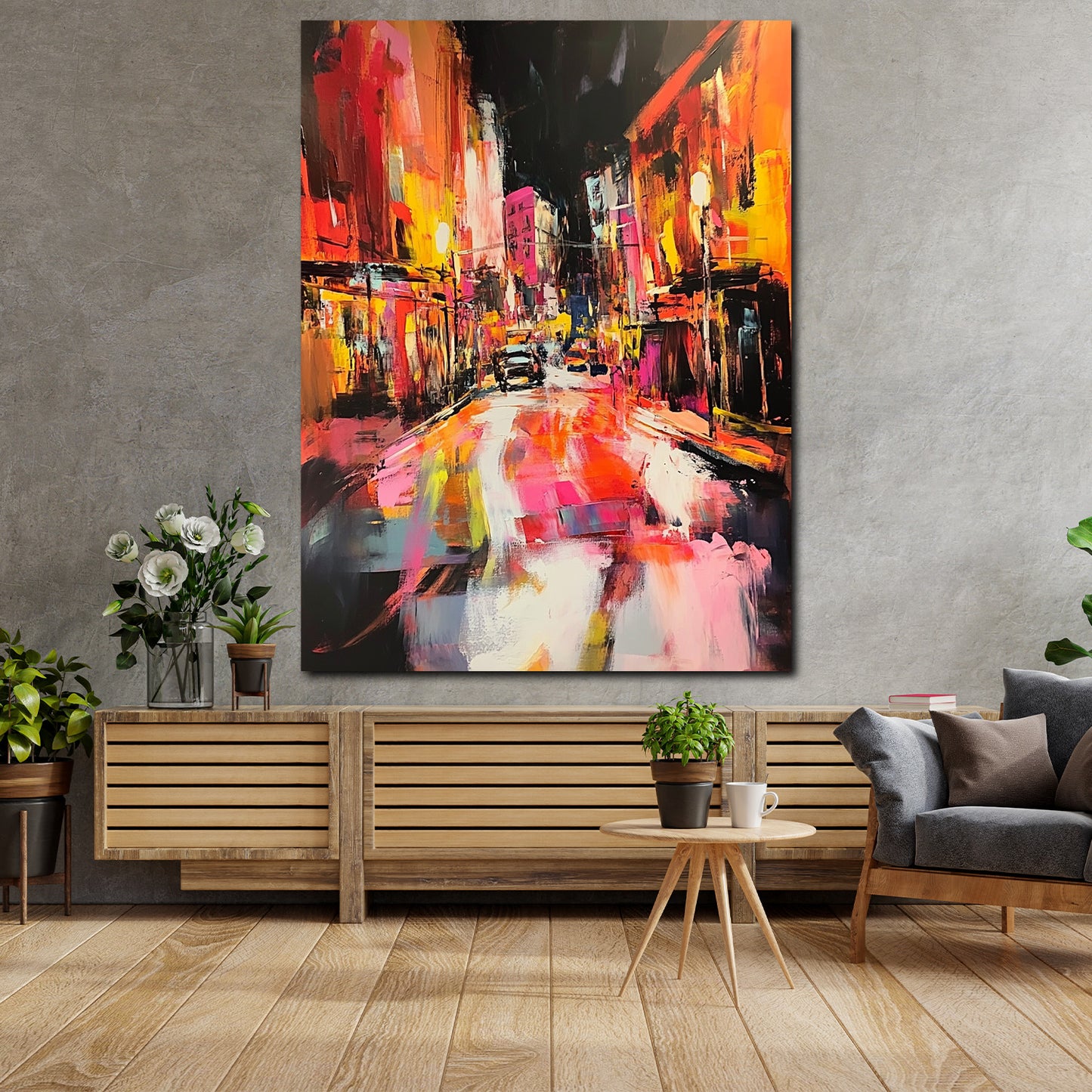 Abstrakt Stadt bei Nacht leuchtende Farben Straßenlichter Wandbild