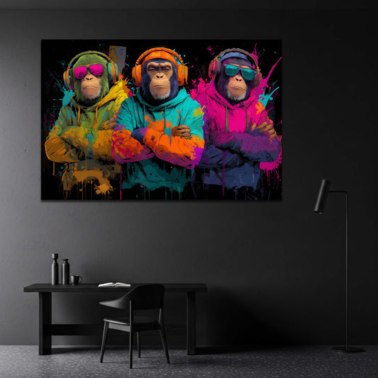 Affen mit Hoodies und Kopfhörern neon Pop Art Wandbild
