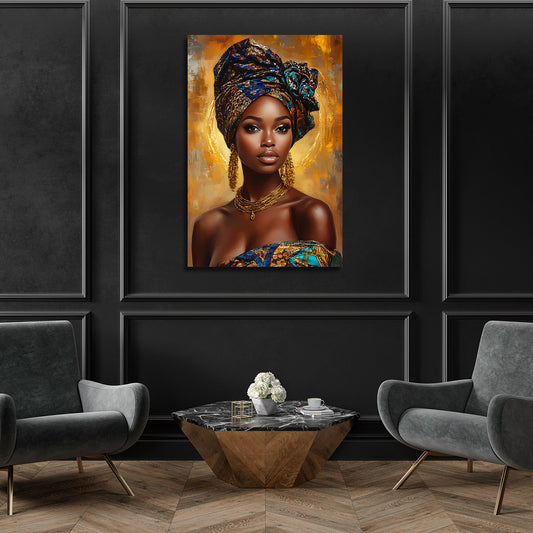 Afrikanerin Porträt mit Turban und goldener Ausstrahlung Wandbild