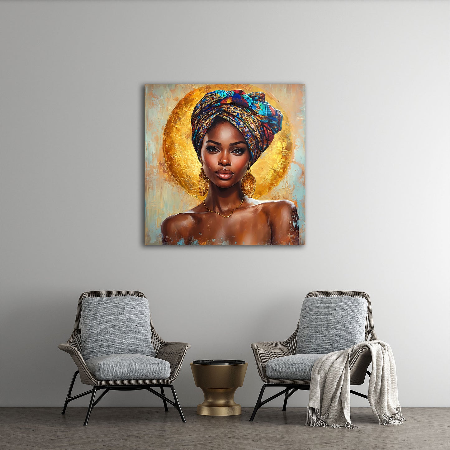 Afrikanische Frau mit Kopftuch und goldener Aura Wandbild