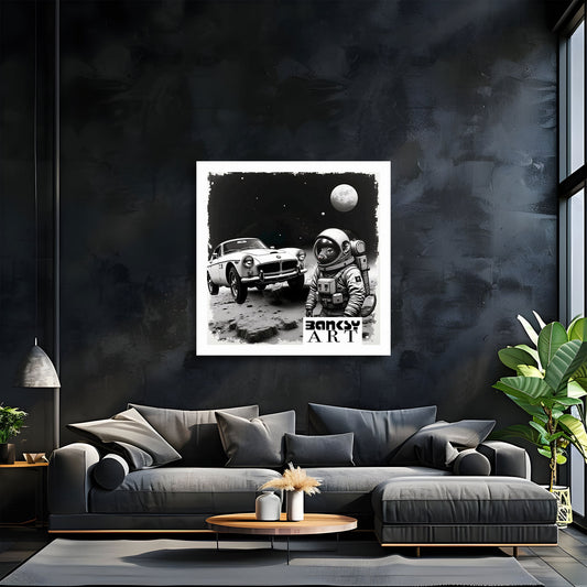 Astronaut Maus neben Retro Auto im All BANKSY-ART Wandbild