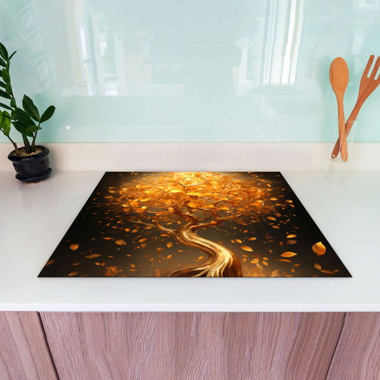 Baum mit goldenen Blätter Herdabdeckplatte Induktionsschutz für Ceranfeld & Küche Deko