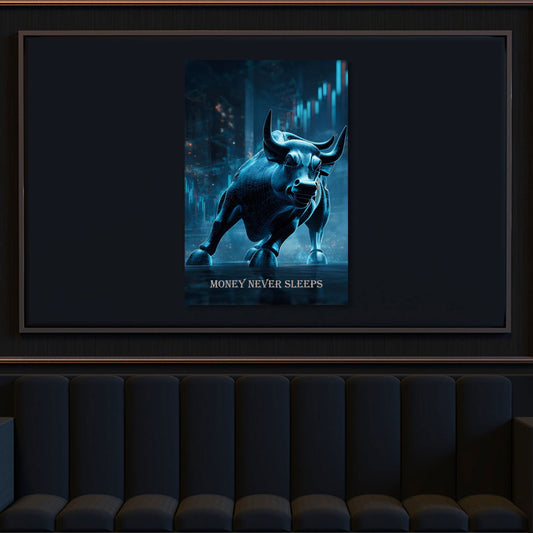 Bulle Börse zur Motivation Money Never Sleeps Wandbild