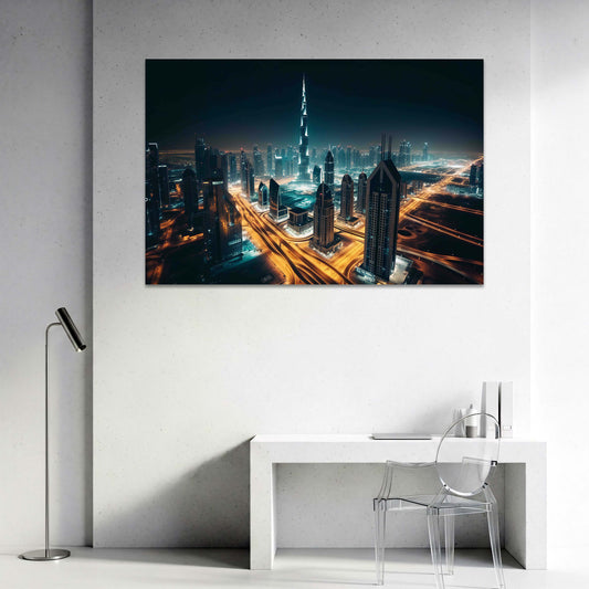 Burj Khalifa Dubai beleuchtete Skyline der Stadt Wandbild