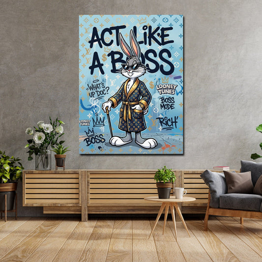 Comic Hase Act Like a Boss Wandbild im Wohnzimmer
