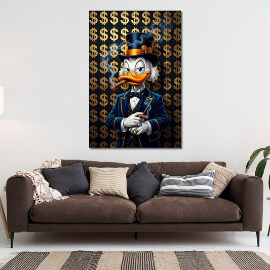 Comic Pop Art Wandbild mit Dagobert über einem Sofa im Wohnraum