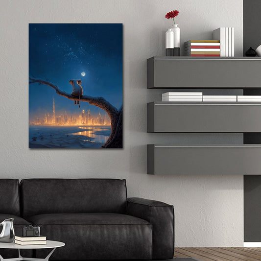 Elefant auf Ast blickt auf Dubai Skyline bei Nacht Wandbild