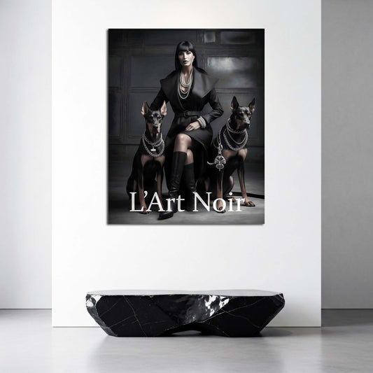 Elegante Frau mit Dobermännern L'Art Noir schwarz weiß luxuriös Wandbild