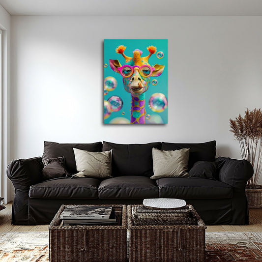 Buntes Giraffen Wandbild über einem Sofa im Wohnraum