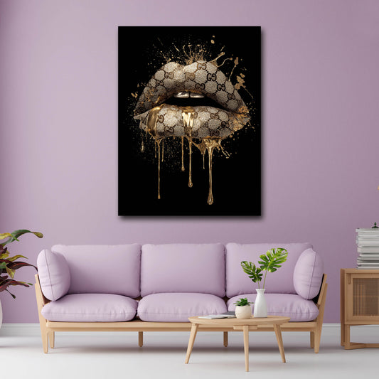 Goldene Lippen Luxus Kunst Mode Akzent Wandbild