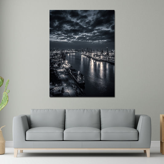 Hafen Hamburg schwarz weiß Containerkräne Elbe bei Nacht Wandbild