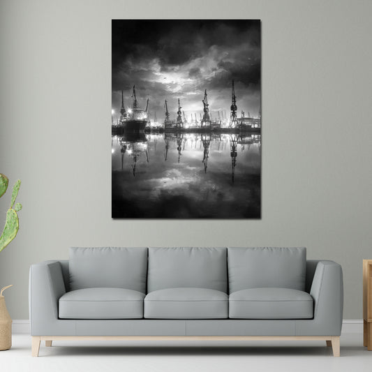 Hafen Kräne Hamburg schwarz weiß Spiegelung Nachtstimmung Wandbild
