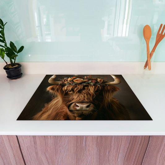 Hochlandkuh mit Blumenkrone Herdabdeckplatte Induktionsschutz für Ceranfeld & Küche Deko