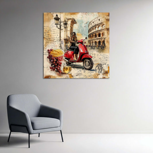 Italien Rom Vespa Frau vor Kolosseum Vintage Collage Wandbild