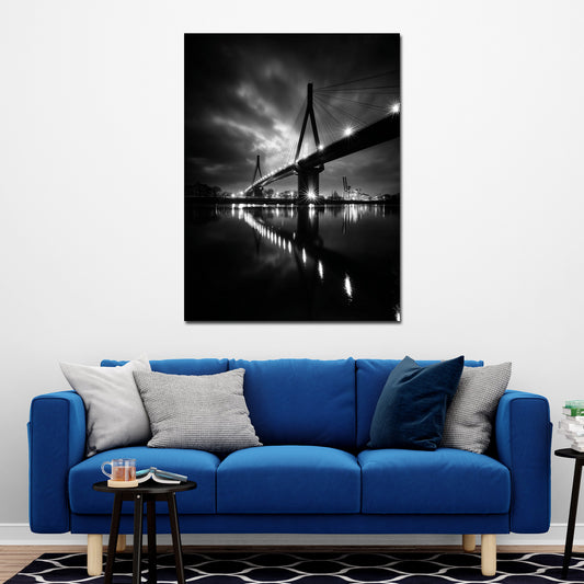 Köhlbrandbrücke Hamburg schwarz weiß Wahrzeichen bei Nacht Wandbild